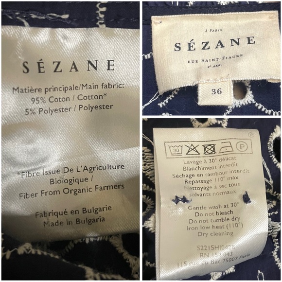 SEZANE Navy Blue White Eyelet Embroidered Floral Button Down Mathilda Blouse Top - Picture 11 of 12